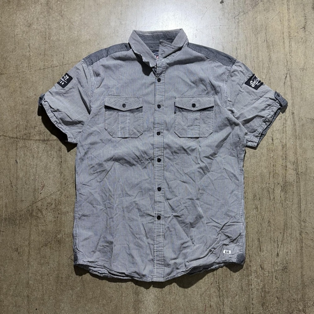 Ecko Unltd. Shirt Mens Large Gray Check Short Sleeve Button Up Graphic Logo